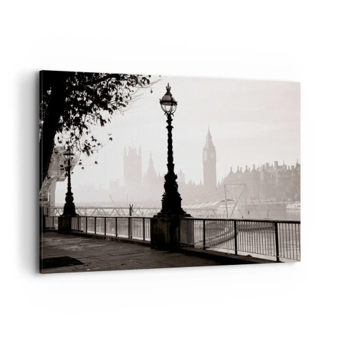 Obraz na płótnie - Monochromatyczny widok na Big Ben i Tamizę - 120x80cm - Londyński poranek - Nowoczesna dekoracja ścienna do salonu, kuchni i sypialni ARTTOR