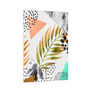 Obraz na szkle - Tropikalny wzór z liśćmi i geometrycznymi kształtami - 80x120cm - Dekoracja z palmowym liściem - Nowoczesna dekoracja ścienna do salonu i sypialni ARTTOR