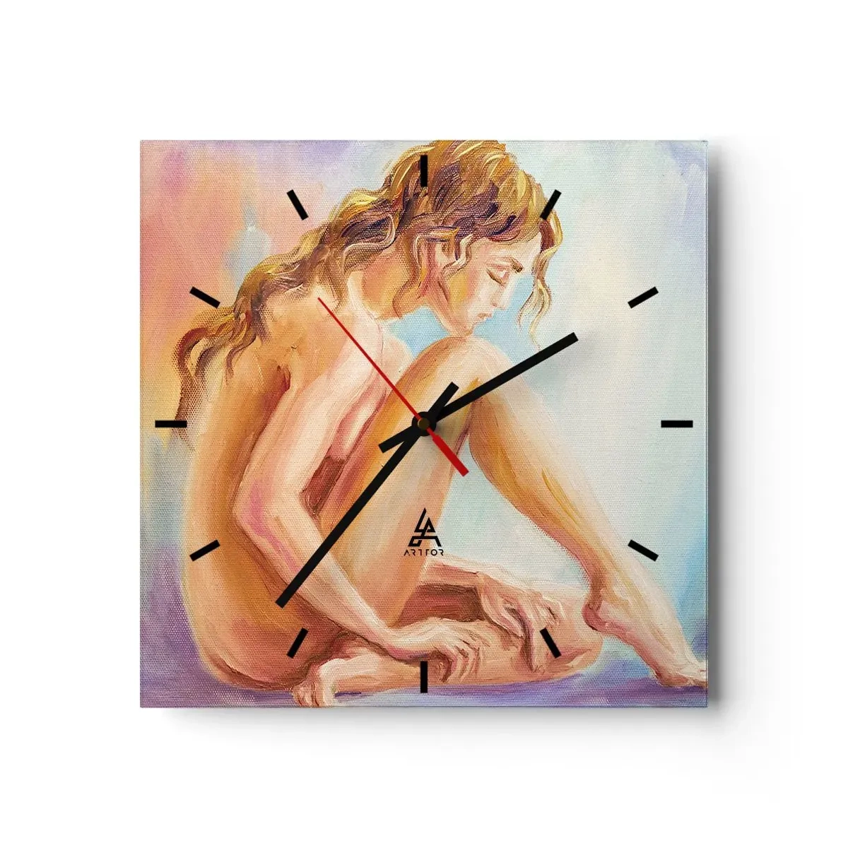 Zegar ścienny - Delikatna postać kobiety na pastelowym tle - 30x30cm - Akt młodości - Nowoczesna dekoracja ścienna do salonu i sypialni ARTTOR