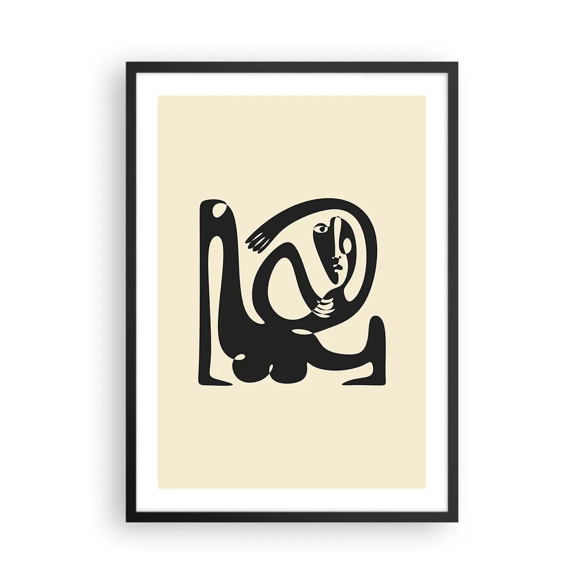 Plakat w czarnej ramie - Abstrakcyjna postać na beżowym tle w czarnej linii - 50x70cm - Prawie Picasso - Nowoczesna dekoracja ścienna do salonu i sypialni ARTTOR