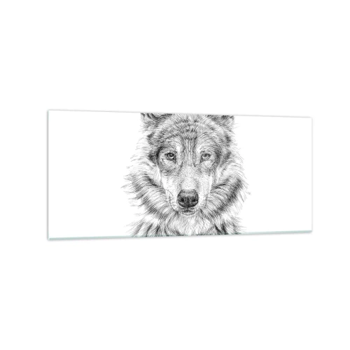 Obraz na szkle - Szkic głowy wilka w monochromatycznym stylu na białym tle - 120x50cm - Urodzony przywódca - Nowoczesna dekoracja ścienna do salonu i sypialni ARTTOR