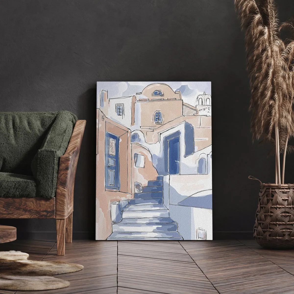 Obraz na płótnie - Artystyczna ilustracja śródziemnomorskiej architektury w odcieniach błękitu i beżu - 50x70cm - Egzotyczne miasto - Nowoczesna dekoracja ścienna do salonu, kuchni i sypialni ARTTOR