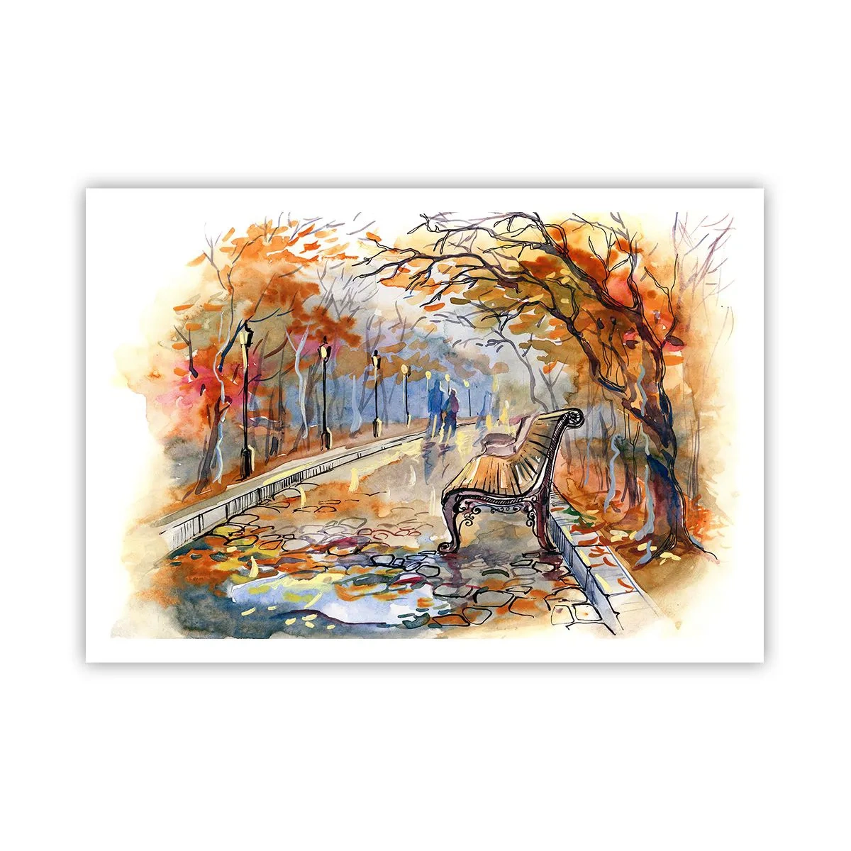 Plakat - Jesienny park z ławką w akwarelowym ujęciu - 100x70cm - Razem powędrować w jesień - Nowoczesna dekoracja ścienna do salonu i sypialni ARTTOR