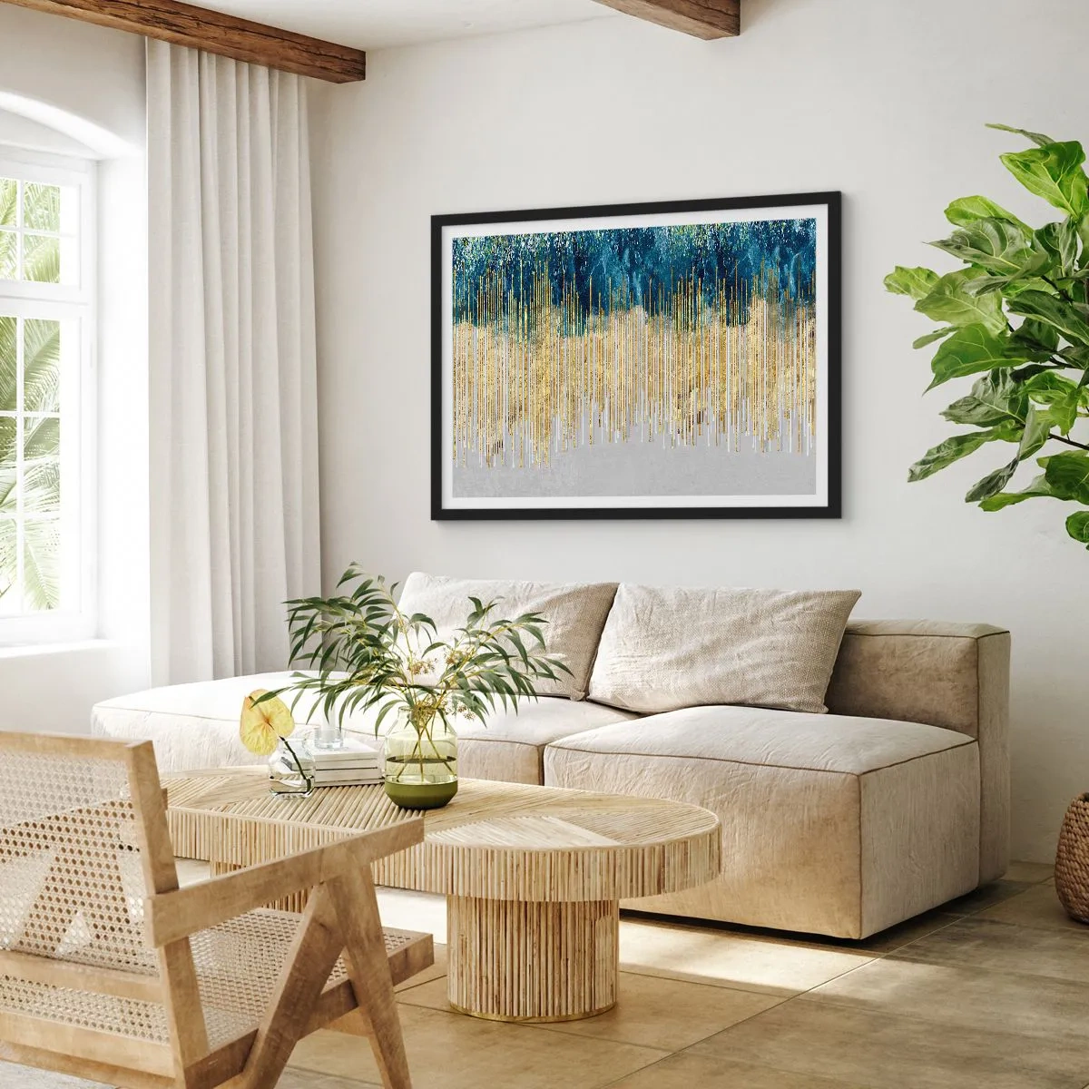 Plakat w czarnej ramie - Złote linie na tle granatowej i szarej abstrakcji - 70x50cm - Wyzłocona granica - Nowoczesna dekoracja ścienna do salonu i sypialni ARTTOR