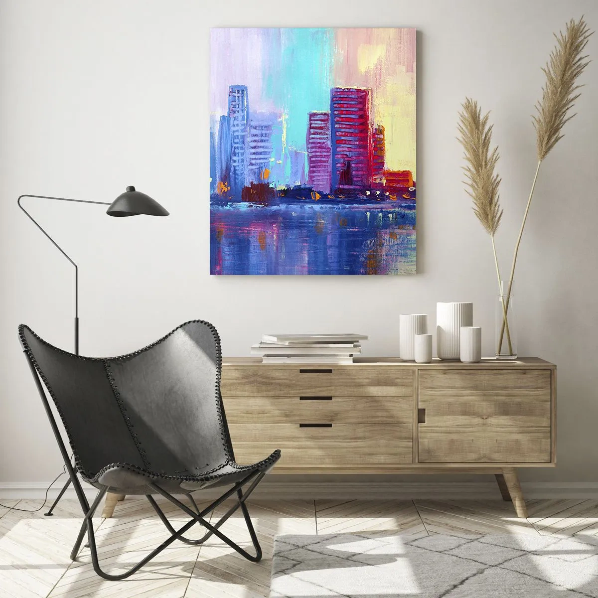 Obraz na szkle - Nowoczesne miasto w intensywnych barwach odbijające się w wodzie - 50x70cm - Skąpane w barwach - Nowoczesna dekoracja ścienna do salonu, kuchni i sypialni ARTTOR