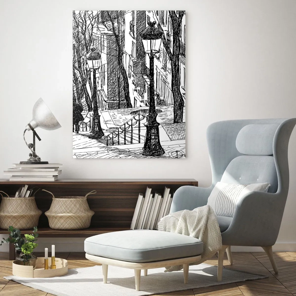 Obraz na szkle - Czarno-biały rysunek miejskiej uliczki z latarniami - 50x70cm - Historia miłosna czy opowieśc grozy? - Nowoczesna dekoracja ścienna do salonu, kuchni i sypialni ARTTOR