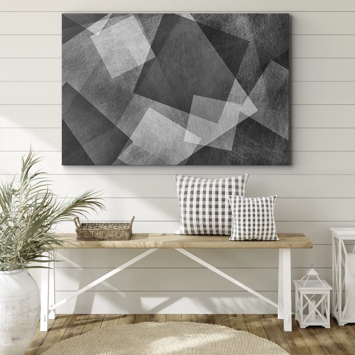 Obraz na płótnie - Czarno-biała abstrakcja z geometrycznymi kształtami - 100x70cm - Odwieczny symbol trwałości i porządku - Nowoczesna dekoracja ścienna do salonu, kuchni i sypialni ARTTOR