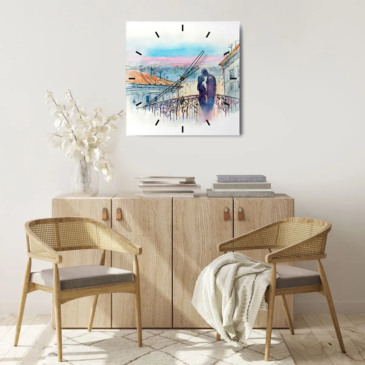 Zegar ścienny - Romantyczna para na balkonie z widokiem na miasto - 30x30cm - Paryscy kochankowie - Nowoczesna dekoracja ścienna do salonu i sypialni ARTTOR