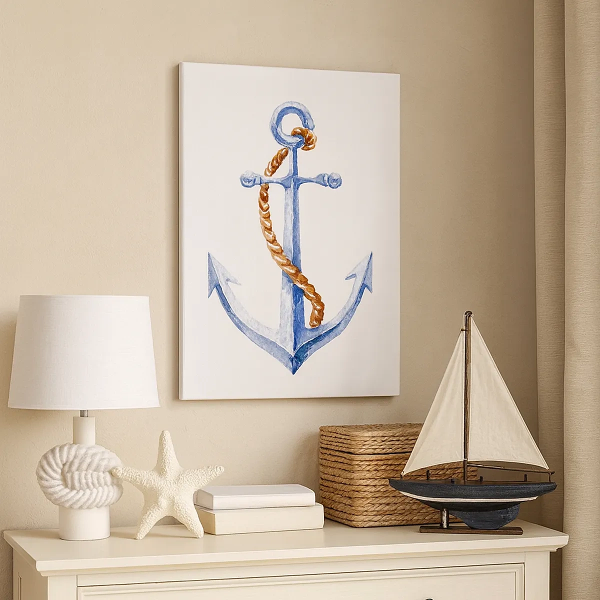 Obraz na płótnie - Akwarelna ilustracja kotwicy z liną na białym tle - 50x70cm - Ahoj przygodo! - Nowoczesna dekoracja ścienna do salonu, kuchni i sypialni ARTTOR