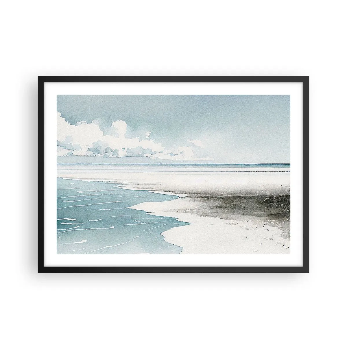 Plakat w czarnej ramie - Spokojne morze i plaża w jasnych odcieniach błękitu - 70x50cm - Łagodny przypływ - Nowoczesna dekoracja ścienna do salonu i sypialni ARTTOR