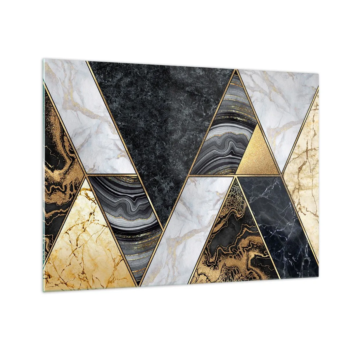 Obraz na szkle - Geometryczny wzór z marmurowych i złotych trójkątów - 70x50cm - Kamień przy kamieniu - Nowoczesna dekoracja ścienna do salonu i sypialni ARTTOR