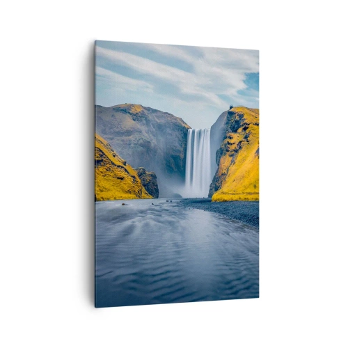Obraz na płótnie - Wodospad otoczony żółtymi wzgórzami z jeziorem na pierwszym planie - 70x100cm - Wieczne trwanie, wieczny ruch - Nowoczesna dekoracja ścienna do salonu i sypialni ARTTOR
