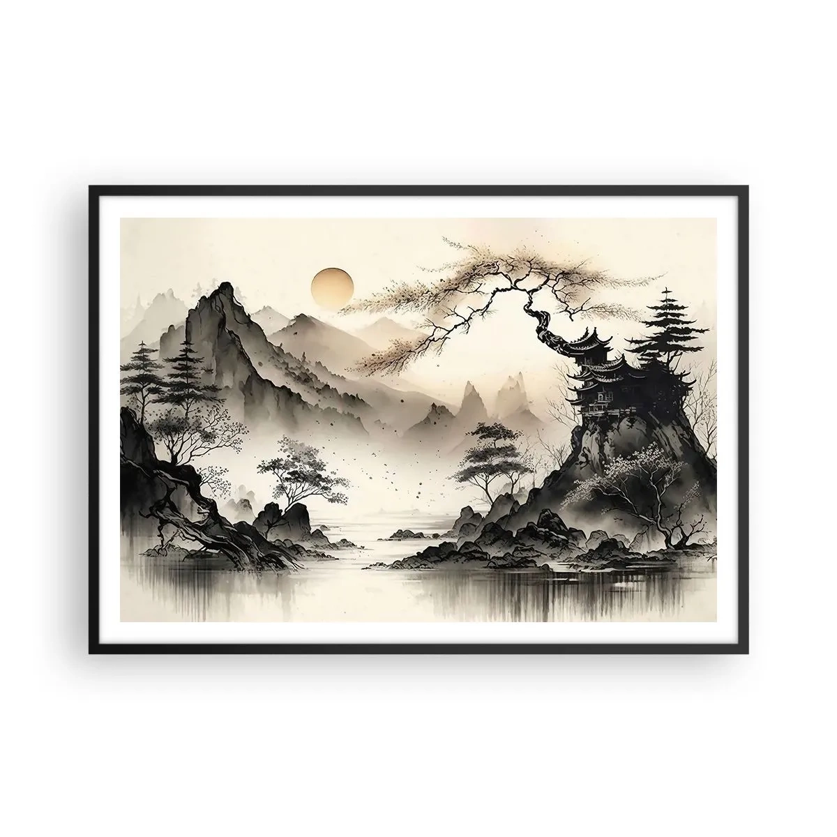 Plakat w czarnej ramie - Orientalny krajobraz z górami i pagodą w delikatnych odcieniach - 100x70cm - Niepowtarzalny urok orientu - Nowoczesna dekoracja ścienna do salonu i sypialni ARTTOR