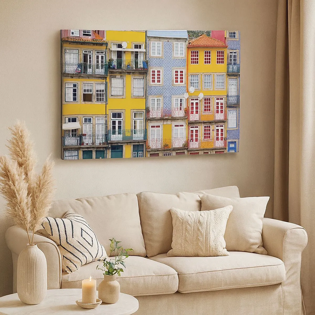 Obraz na płótnie - Kolorowe fasady kamienic w miejskim krajobrazie - 70x50cm - Barwy starego miasta - Nowoczesna dekoracja ścienna do salonu i sypialni ARTTOR