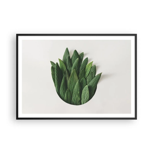 Plakat w czarnej ramie - Kompozycja zielonych liści na jasnym tle - 100x70cm - Nieposkromiona ciekawość - Nowoczesna dekoracja ścienna do salonu i sypialni ARTTOR