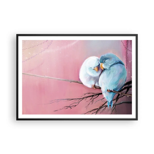 Plakat w czarnej ramie - Dwa zakochane ptaki na gałęzi na różowym tle - 100x70cm - Cóż tu dodać?… - Nowoczesna dekoracja ścienna do salonu i sypialni ARTTOR