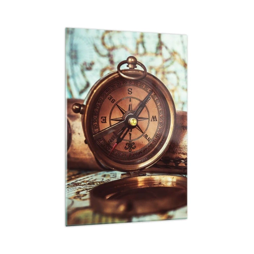 Obraz na szkle - Zestaw retro z kompasem, lunetą i mapą w klimacie podróżniczym - 70x100cm - Piracka przygoda na Karaibach czeka - Nowoczesna dekoracja ścienna do salonu i sypialni ARTTOR