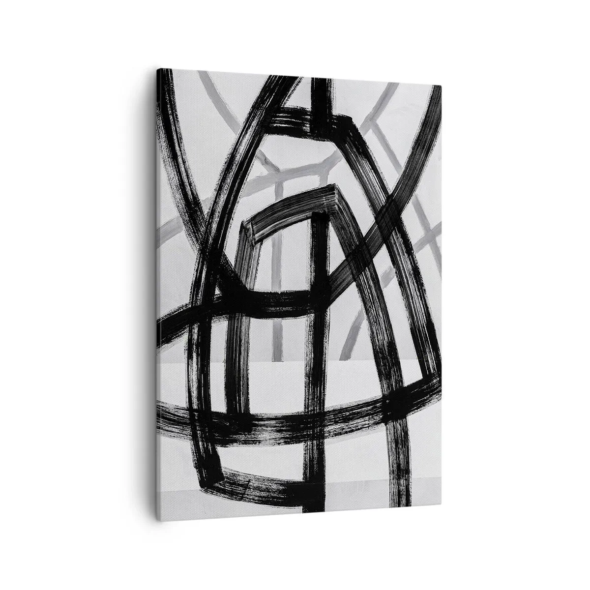 Obraz na płótnie - Czarno-biała abstrakcja z dynamicznymi geometrycznymi liniami - 50x70cm - Budowanie głębi - Nowoczesna dekoracja ścienna do salonu, kuchni i sypialni ARTTOR