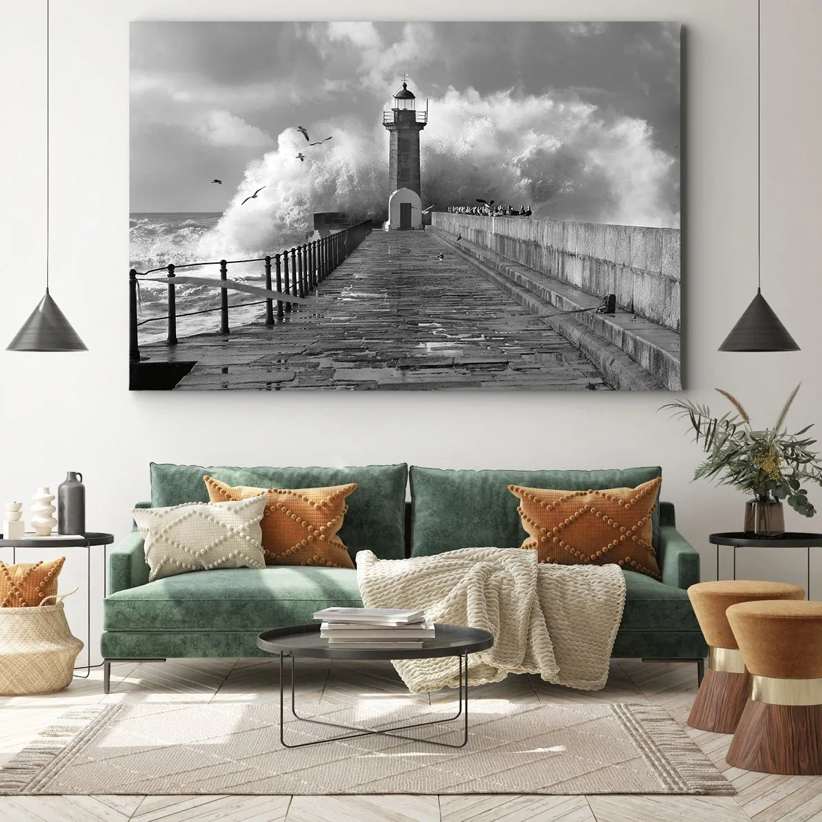 Obraz na płótnie - Latarnia morska otoczona przez fale podczas sztormu - 70x50cm - Nieustraszona - Nowoczesna dekoracja ścienna do salonu i sypialni ARTTOR