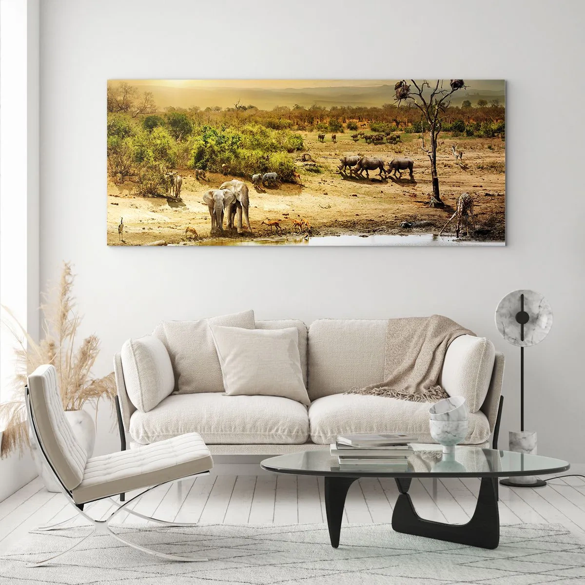 Obraz na szkle - Słonie i dzikie zwierzęta przy wodopoju o zachodzie słońca - 120x50cm - "Z Edenu zaś wypływała rzeka…" - Nowoczesna dekoracja ścienna do salonu i sypialni ARTTOR