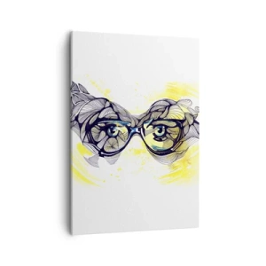 Obraz na płótnie - Rysunek okularów z oczami w roli głównej, z elementami roślinnymi - 50x70cm - Przez błękitne okulary - Nowoczesna dekoracja ścienna do salonu, kuchni i sypialni ARTTOR