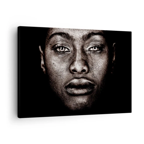 Obraz na płótnie - Portret twarzy z pojedynczą łzą na czarnym tle - 70x50cm - Jedna łza - Nowoczesna dekoracja ścienna do salonu i sypialni ARTTOR