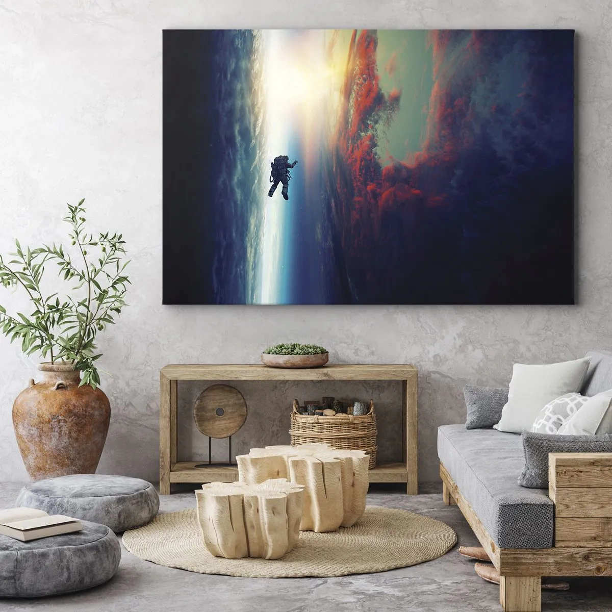 Obraz na płótnie - Astronauta unoszący się w kosmosie nad kolorową Ziemią - 70x50cm - Mierzyć się ze wszechświatem - Nowoczesna dekoracja ścienna do salonu i sypialni ARTTOR