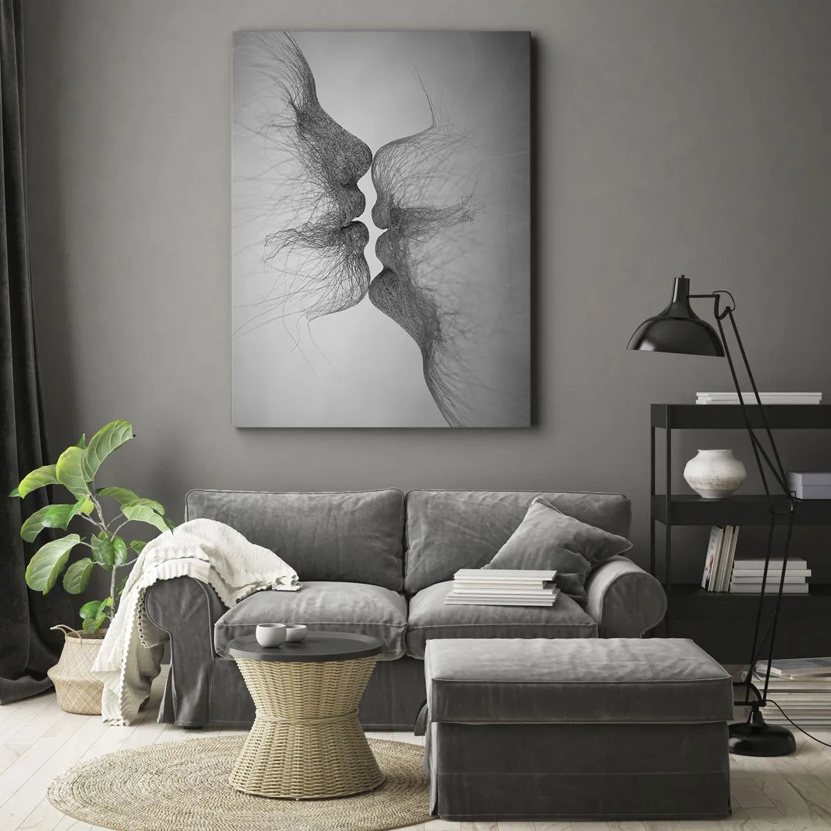 Obraz na płótnie - Abstrakcyjna kompozycja dwóch twarzy złożonych z delikatnych linii, zbliżających się do pocałunku - 50x70cm - Pocałunek wiatru - Nowoczesna dekoracja ścienna do salonu, kuchni i sypialni ARTTOR
