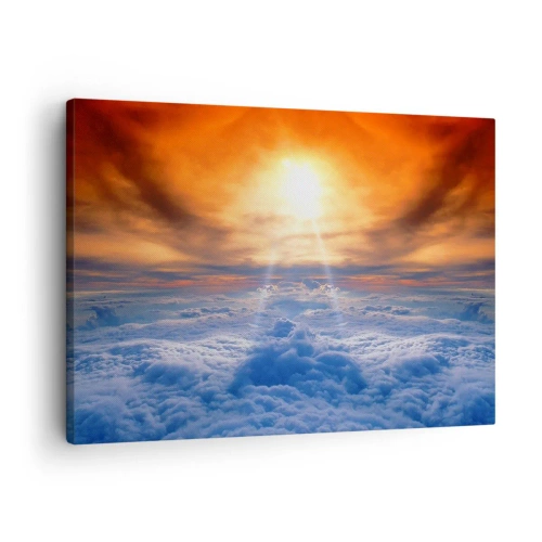 Obraz na płótnie - Zachód słońca nad chmurami, niebo pełne złotych barw i światła. - 70x50cm - Pejzaż mistyczny - Nowoczesna dekoracja ścienna do salonu i sypialni ARTTOR