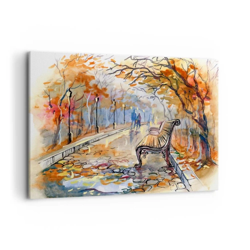 Obraz na płótnie - Jesienny park z ławką w akwarelowym ujęciu - 100x70cm - Razem powędrować w jesień - Nowoczesna dekoracja ścienna do salonu, kuchni i sypialni ARTTOR