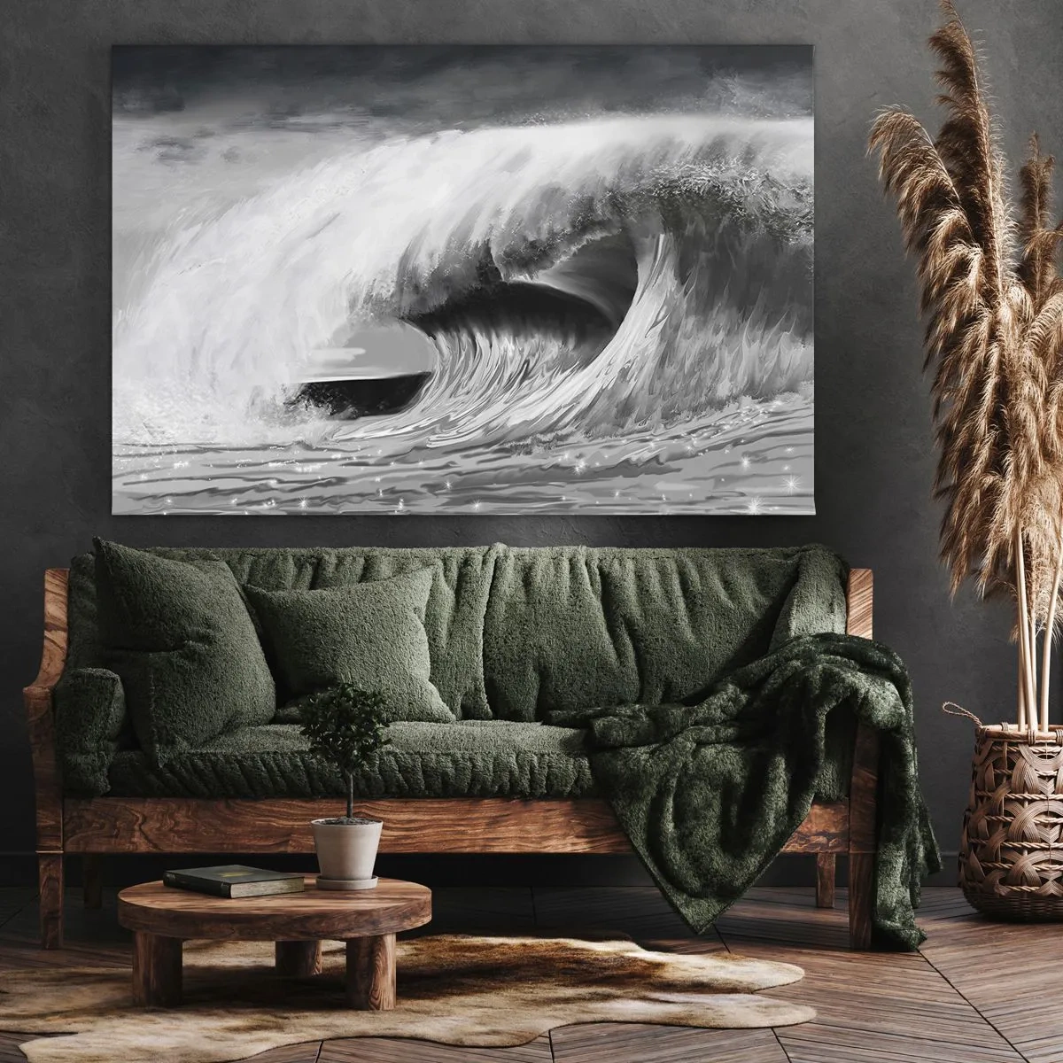 Obraz na płótnie - Dramatyczna fala oceaniczna w monochromatycznym ujęciu - 100x70cm - Gniew oceanu - Nowoczesna dekoracja ścienna do salonu, kuchni i sypialni ARTTOR