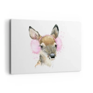 Obraz na płótnie - Akwarelowy jeleń w różowych nausznikach - 100x70cm - I mróz już niestraszny - Nowoczesna dekoracja ścienna do salonu, kuchni i sypialni ARTTOR