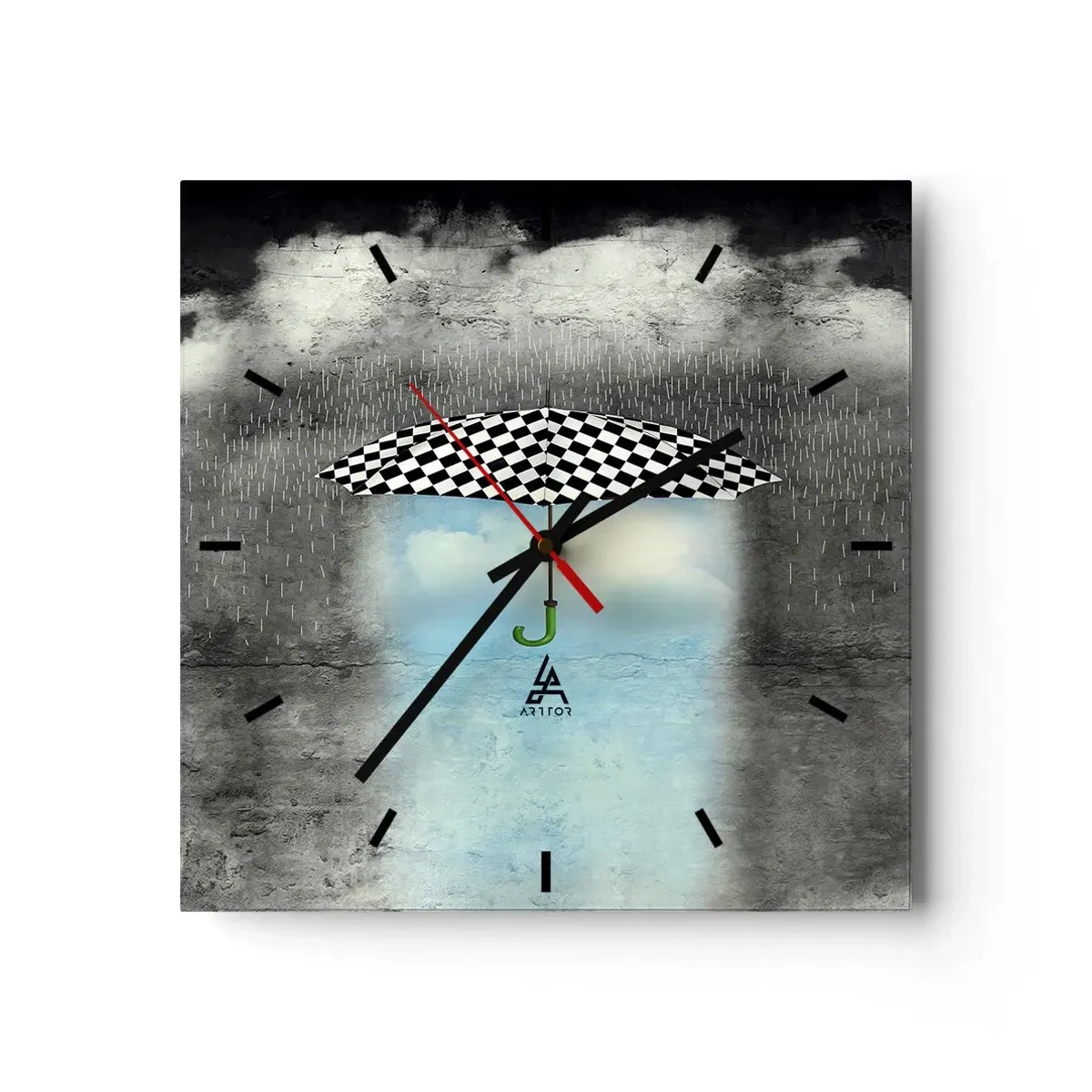 Zegar ścienny - Parasol w szachownicę nad deszczowym krajobrazem - 30x30cm - A jednak możliwe - Nowoczesna dekoracja ścienna do salonu i sypialni ARTTOR