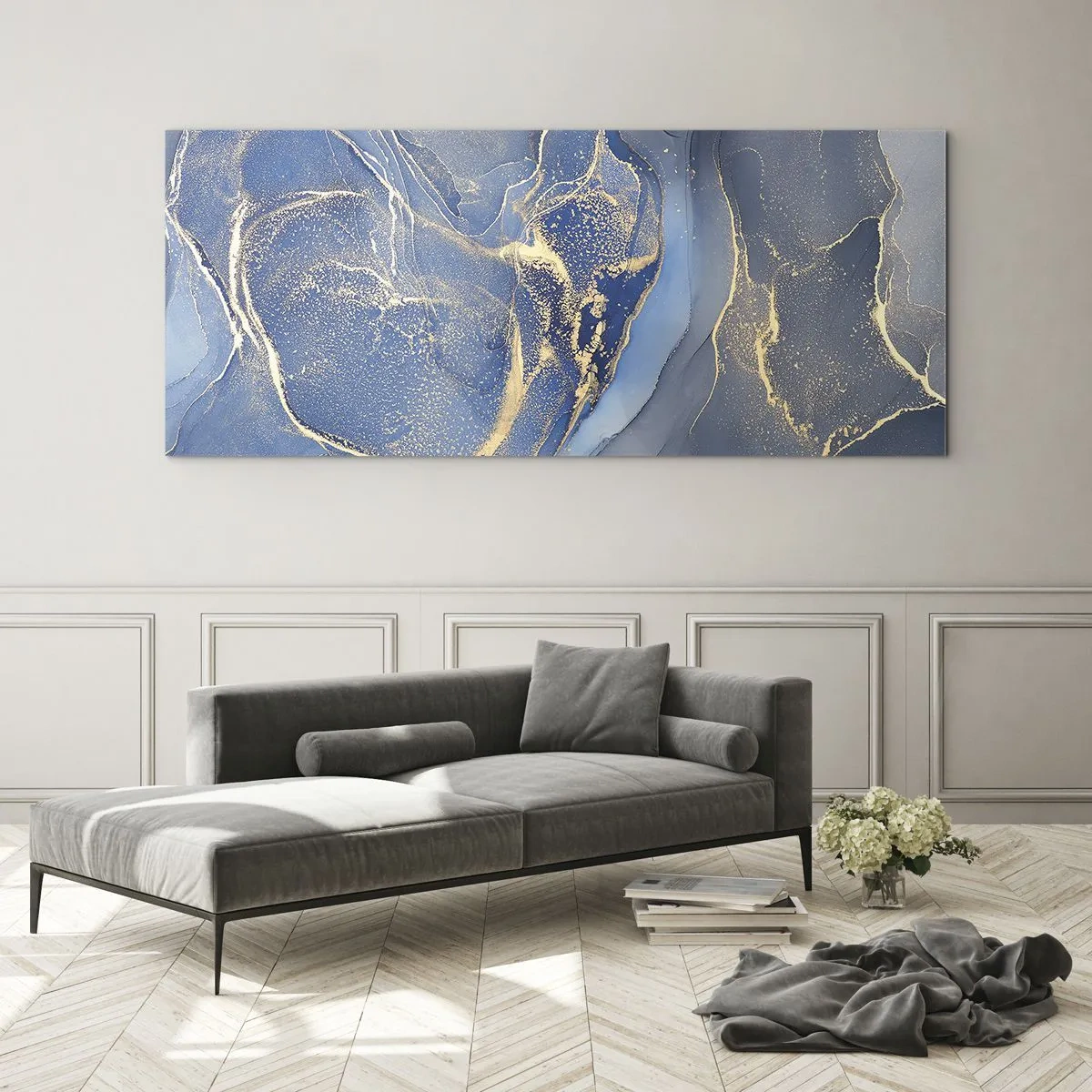 Obraz na szkle - Abstrakcyjne niebieskie wzory ze złotymi akcentami - 120x50cm - Złoty pył - Nowoczesna dekoracja ścienna do salonu i sypialni ARTTOR