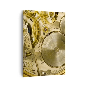 Obraz na płótnie - Zbliżenie na mechanizm zegarka w złotych odcieniach - 50x70cm - Idź z duchem czasu - Nowoczesna dekoracja ścienna do salonu, kuchni i sypialni ARTTOR