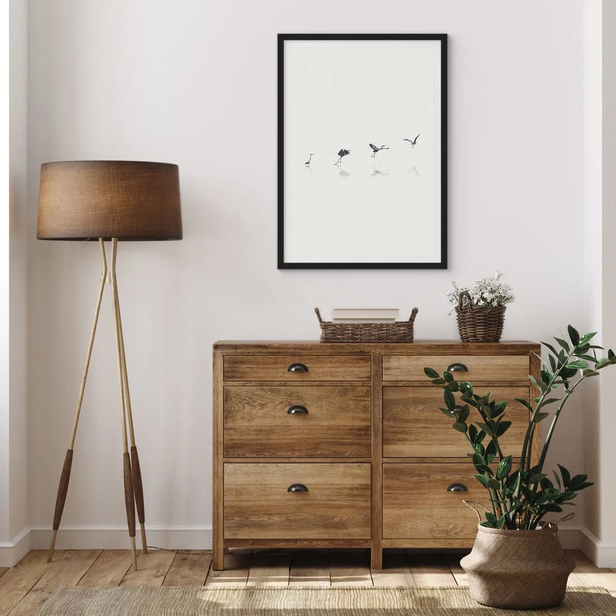 Plakat w czarnej ramie - Minimalistyczna kompozycja ptaków nad wodą - 50x70cm - Cztery proste kroki - Nowoczesna dekoracja ścienna do salonu i sypialni ARTTOR
