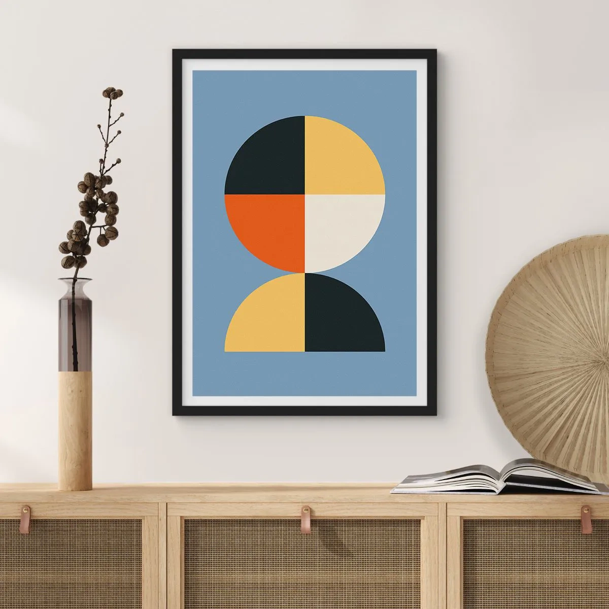 Plakat w czarnej ramie - Geometryczny motyw w kształcie koła i półkola na niebieskim tle - 50x70cm - Patrz i licz - Nowoczesna dekoracja ścienna do salonu i sypialni ARTTOR