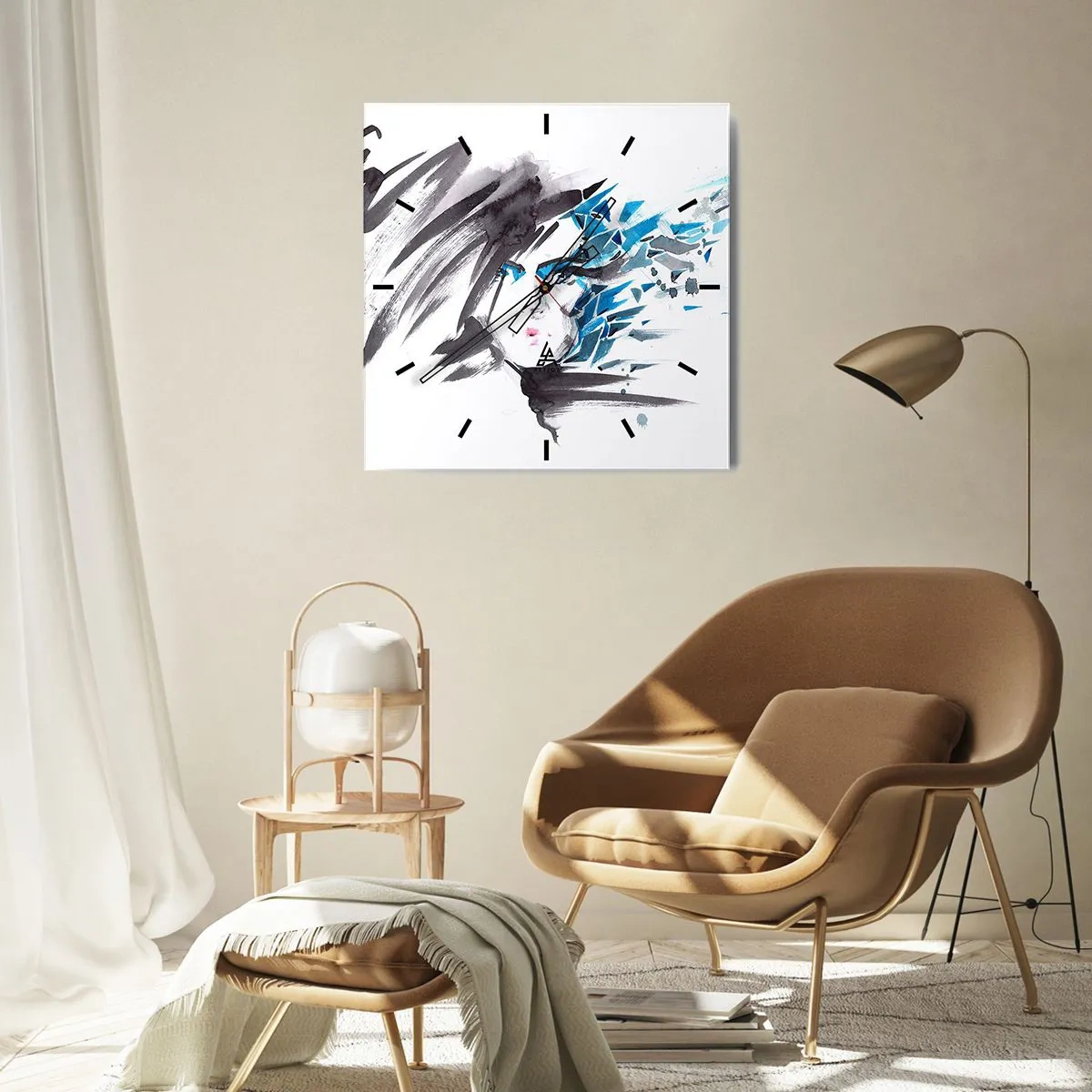 Zegar ścienny - Artystyczna akwarela twarzy z niebieskimi akcentami - 30x30cm - Portret zmysłowy w szarości i błękicie - Nowoczesna dekoracja ścienna do salonu i sypialni ARTTOR