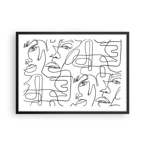 Plakat w czarnej ramie - Minimalistyczny rysunek twarzy z liniami na jasnym tle - 70x50cm - W splątanych emocjach - Nowoczesna dekoracja ścienna do salonu i sypialni ARTTOR