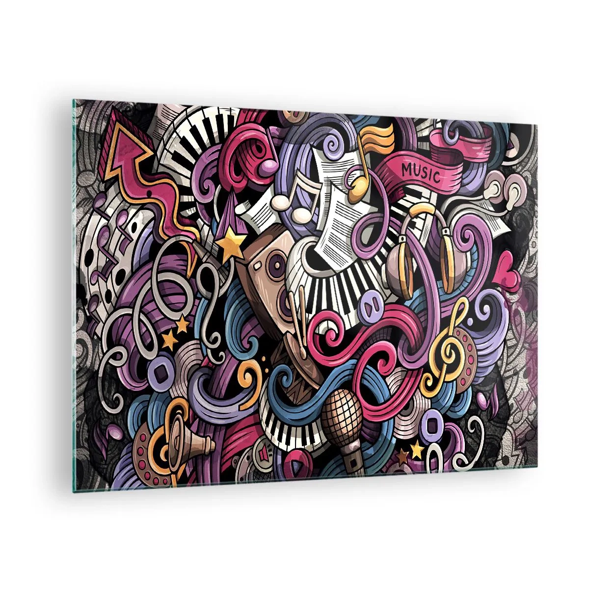 Obraz na szkle - Kolorowe motywy muzyczne z nutami i instrumentami - 70x50cm - Skomplikowana melodia - Nowoczesna dekoracja ścienna do salonu i sypialni ARTTOR