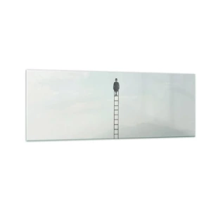 Obraz na szkle - Mężczyzna na drabinie wznoszącej się w niebo - 140x50cm - Wznieś się ponadto - Nowoczesna dekoracja ścienna do salonu i sypialni ARTTOR