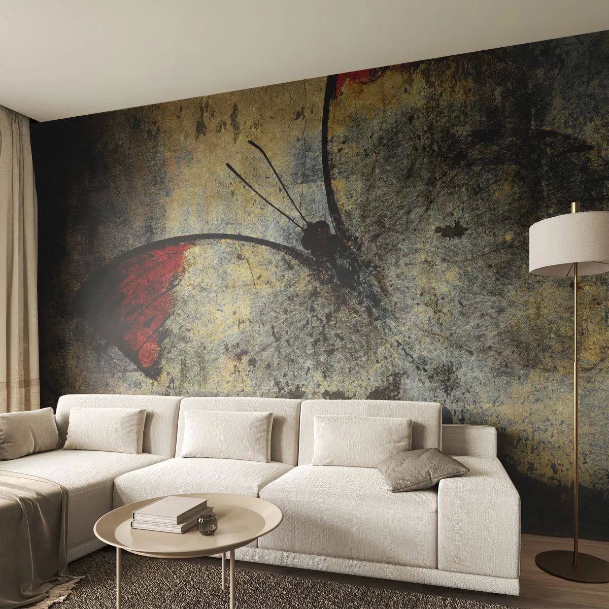 Fototapeta Premium Sand - Artystyczny motyl w teksturze vintage z czerwonym akcentem - 100x70cm - Patrz, zanim zniknę - Nowoczesna dekoracja ścienna do salonu, kuchni i sypialni ARTTOR