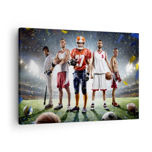 Obraz na płótnie - Dynamiczna scena sportowców różnych dyscyplin na stadionie w świetle reflektorów - 70x50cm - Gladiatorzy boisk - Nowoczesna dekoracja ścienna do salonu i sypialni ARTTOR