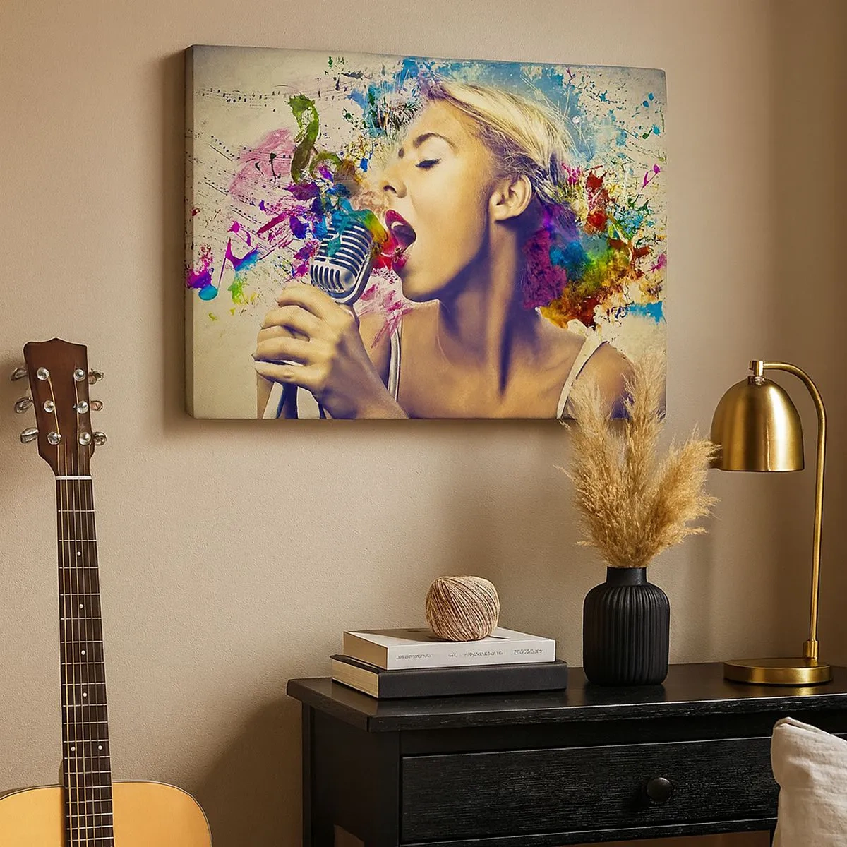 Obraz na płótnie - Artystyczny portret kobiety śpiewającej z kolorowymi efektami - 70x50cm - Pomalować głosem świat - Nowoczesna dekoracja ścienna do salonu i sypialni ARTTOR