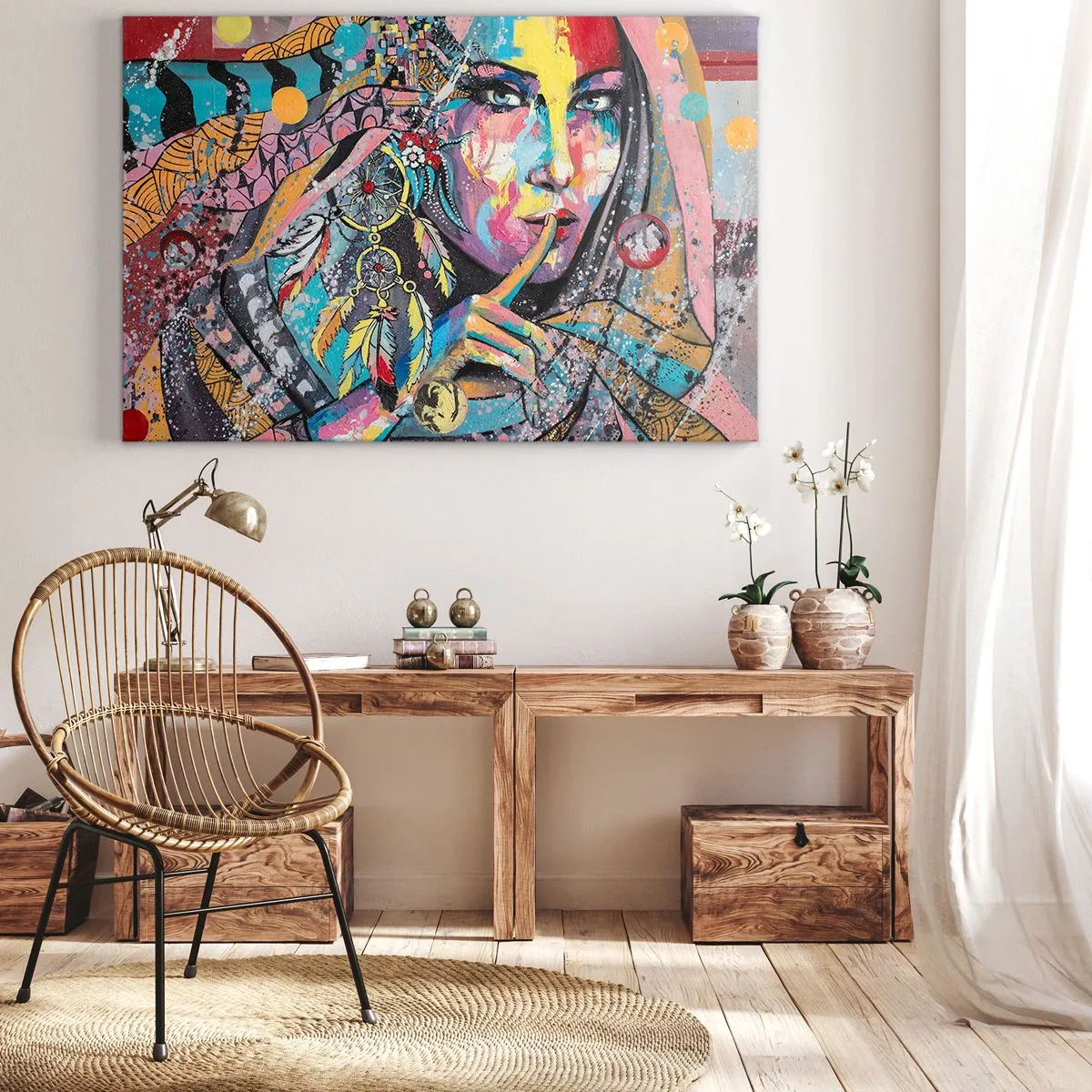 Obraz na płótnie - Kolorowa kobieca twarz w artystycznym stylu - 120x80cm - Milcz, aż zrozumiesz - Nowoczesna dekoracja ścienna do salonu, kuchni i sypialni ARTTOR