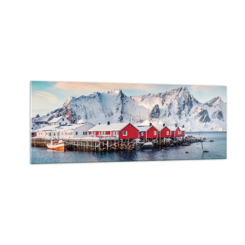 Obraz na szkle - Czerwone domki na tle śnieżnych gór i błękitnego morza - 140x50cm - Północne ustronie - Nowoczesna dekoracja ścienna do salonu i sypialni ARTTOR
