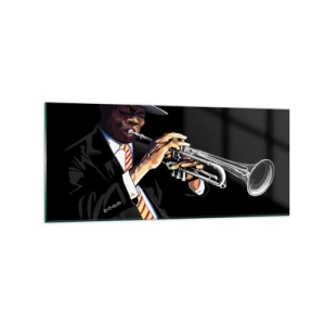 Obraz na szkle - Muzyk grający na trąbce na czarnym tle - 120x50cm - Czar starej szkoły - Nowoczesna dekoracja ścienna do salonu i sypialni ARTTOR