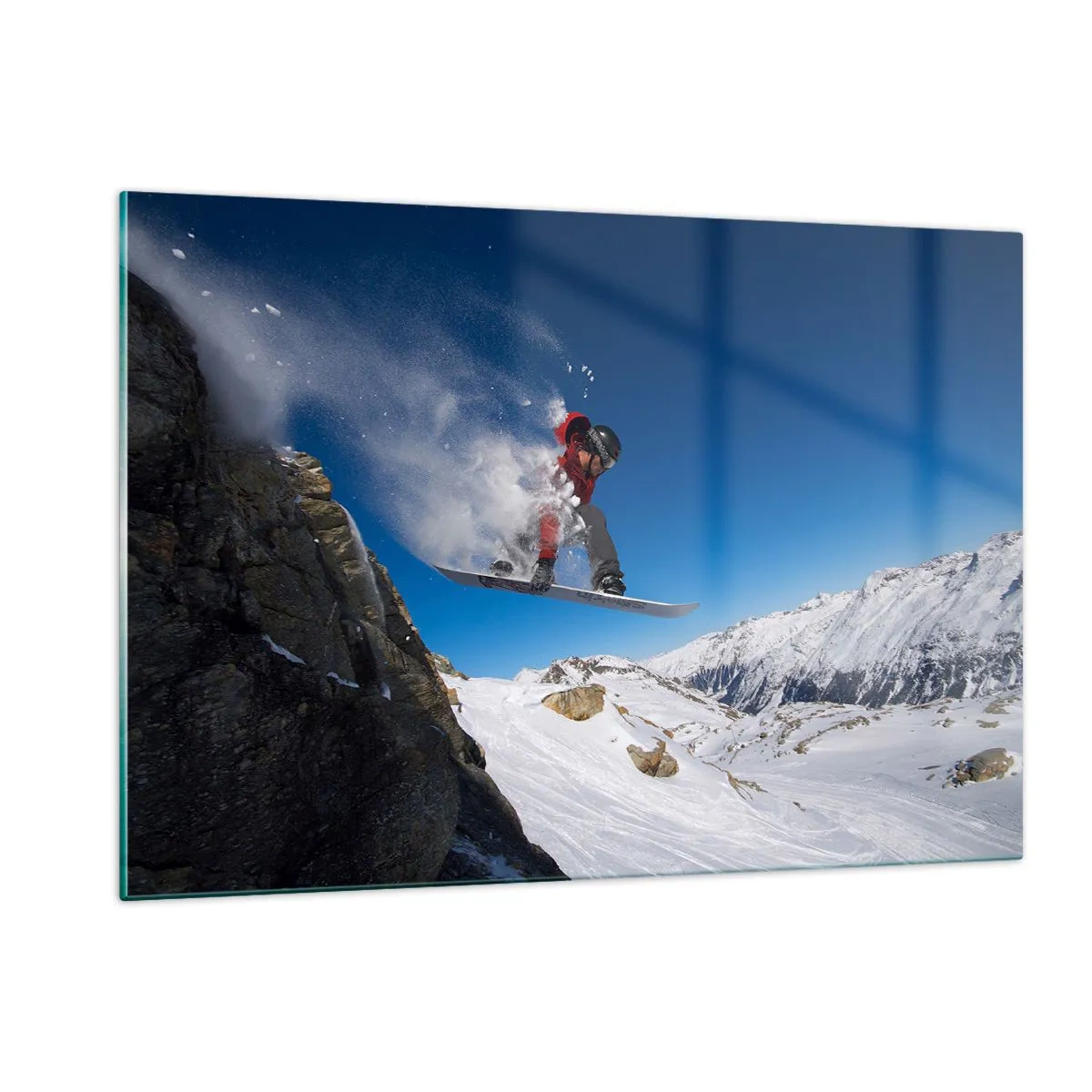 Obraz na szkle - Snowboardzista w skoku na tle górskiej scenerii - 120x80cm - I stałeś się częścią przestrzeni - Nowoczesna dekoracja ścienna do salonu, kuchni i sypialni ARTTOR