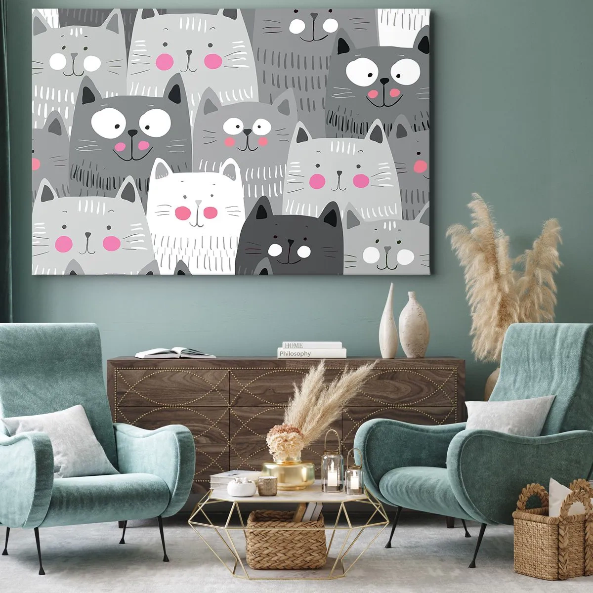 Obraz na płótnie - Zabawny wzór z kotami w odcieniach szarości - 70x50cm - Koci świat - Nowoczesna dekoracja ścienna do salonu i sypialni ARTTOR