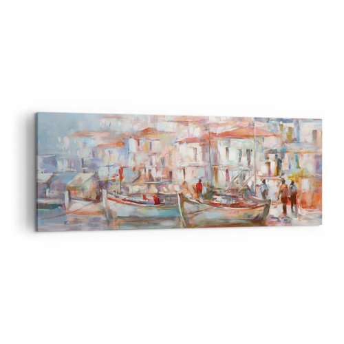 Obraz na płótnie - Impresja portowa z łodziami i budynkami - 140x50cm - Pastelowe wakacje - Nowoczesna dekoracja ścienna do salonu i sypialni ARTTOR
